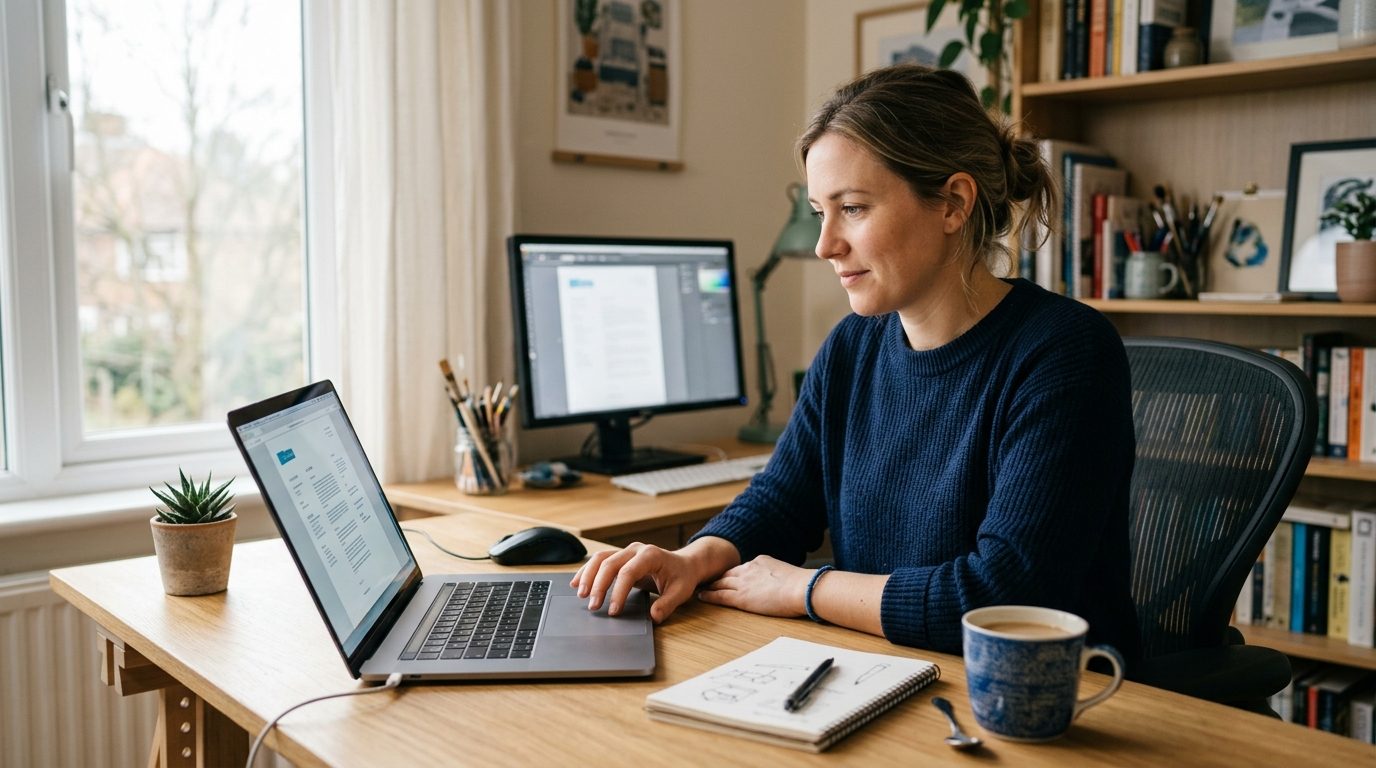 A freelance designer reviewing an AI-drafted job application on a laptop at a home desk